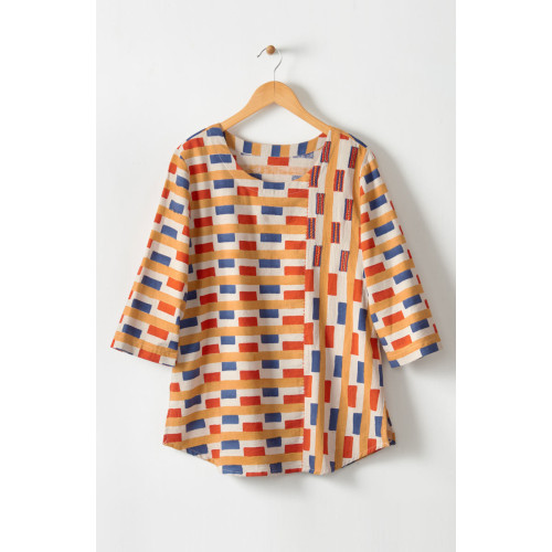 Divya 3/4-Sleeve Popover Top - Oatmeal/Multi