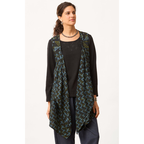 Kashi Cotton Crepe Long Vest - Charcoal/Multi