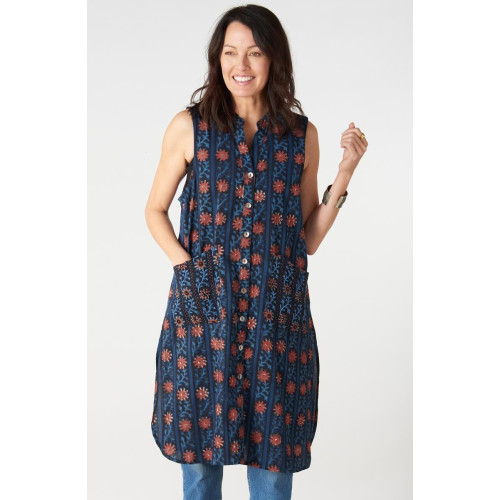 Tanvi Sleeveless Button-Down Long Vest - Indigo/Multi