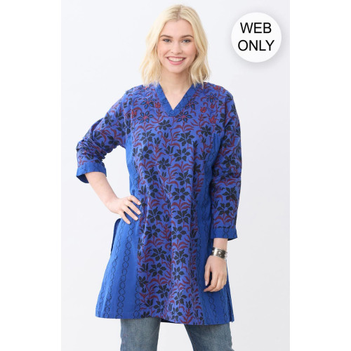 Sanika Organic Cotton Long-Sleeve V-Neck Kurta - Cobalt