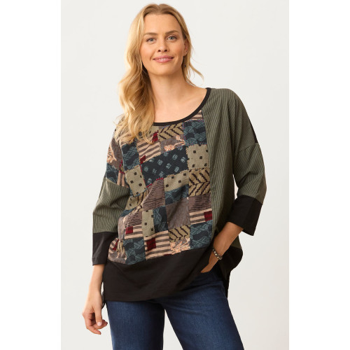 Nasima Upcycled Patchwork Oversized Boxy Tee - Herb/Black/Multi